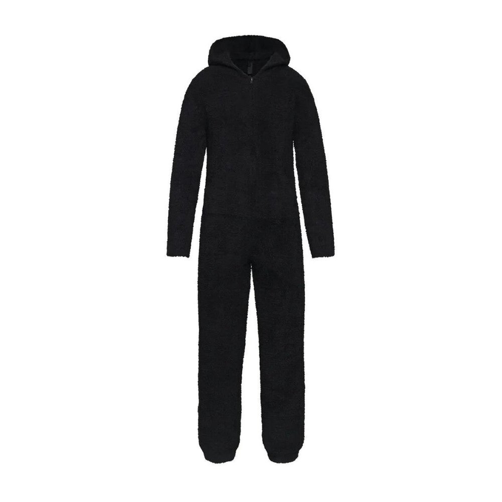 Skims Unisex Onyx Polyester Blend Cozy Knit Hooded Lounge Jumpsuit Size S/M